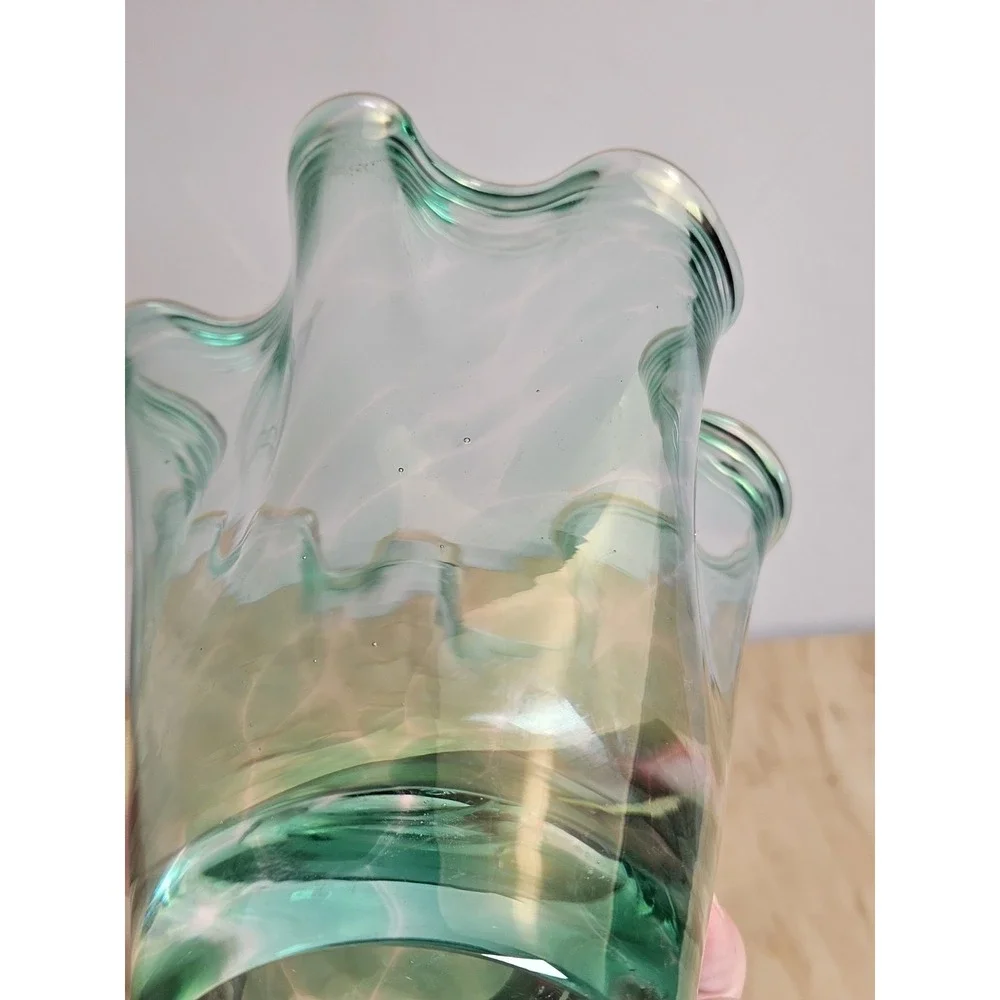 Hand Blown Art Glass Vase Clear Green Striped Ruffled Rim 7 Inch Decorative